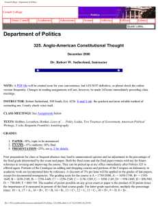 Department of Politics 325. Anglo-American Constitutional Thought Dr. Robert W. Sutherland, Instructor