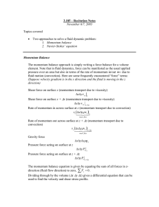 3.185 – Recitation Notes November 6/7, 2003 1. Momentum balance 2. Navier-Stokes’ equation