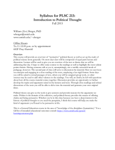 Syllabus for PLSC 213: Introduction to Political Thought Fall 2015