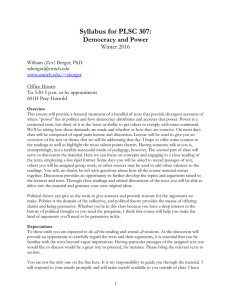 Syllabus for PLSC 307: Democracy and Power Winter 2016