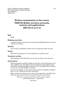 Written examination in the course TDDC22 Mobile wireless networks: systems and applications