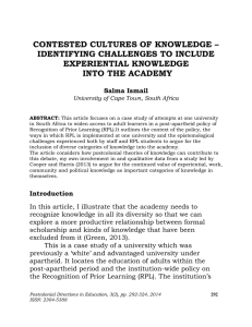 CONTESTED CULTURES OF KNOWLEDGE – IDENTIFYING CHALLENGES TO INCLUDE EXPERIENTIAL KNOWLEDGE