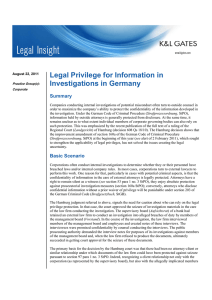 Legal Privilege for Information in Investigations in Germany Summary