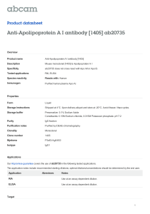 Anti-Apolipoprotein A I antibody [1405] ab20735 Product datasheet Overview Product name