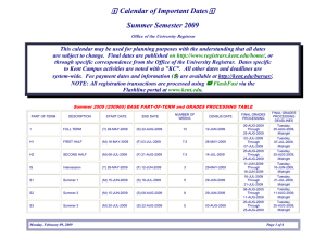  Calendar of Important Dates  Summer Semester 2009