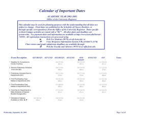 Calendar of Important Dates  ACADEMIC YEAR 2002-2003 Office of the University Registrar