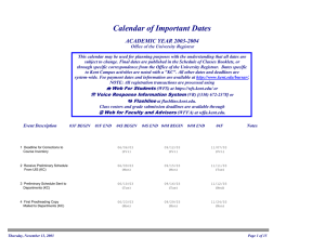 Calendar of Important Dates ACADEMIC YEAR 2003-2004  Office of the University Registrar