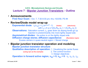 Lecture 7 - Bipolar Junction Transistors - Outline Announcements Review/Diode model wrap-up