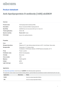 Anti-Apolipoprotein B antibody [1605] ab20839 Product datasheet Overview Product name