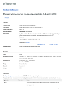 Mouse Monoclonal to Apolipoprotein A I ab211472 Product datasheet 2 Images Overview
