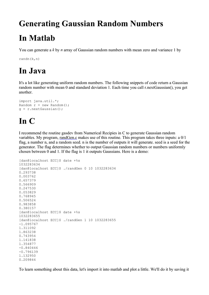 Generating Gaussian Random Numbers In Matlab In Java