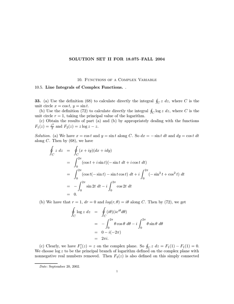 Solution Set Ii For 18 075 Fall 10 Functions Of A Complex 10 5 Line Integrals Of Complex