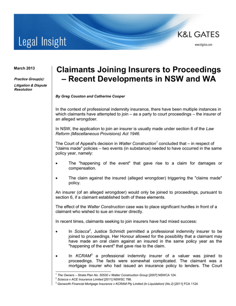Claimants Joining Insurers To Proceedings Claimants Joining Insurers To Proceedings
