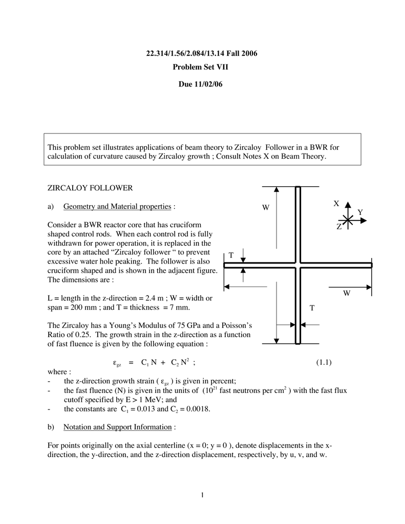 This Problem Set Illustrates Applications Of Beam Theory To Zircaloy Calculation Of Curvature Caused By Zircaloy Growth Consult Notes