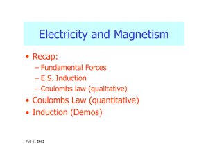 Electricity and Magnetism • Recap: • Coulombs Law (quantitative) • Induction  (Demos)