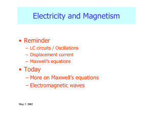 Electricity and Magnetism • Reminder • Today – More on Maxwell’s equations