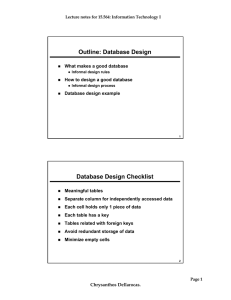 Outline: Database Design Database Design Checklist