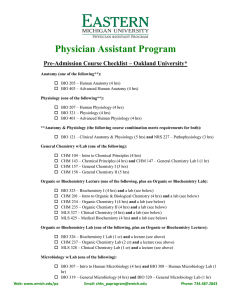 Physician Assistant Program  Pre-Admission Course Checklist – Oakland University*