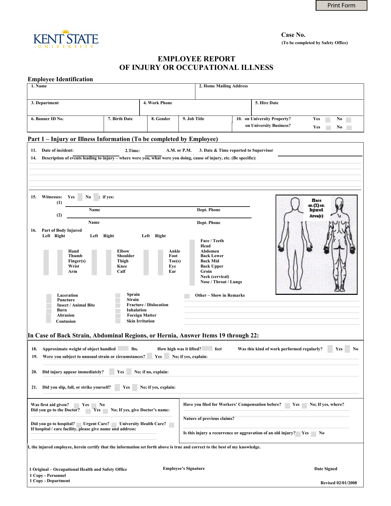 EMPLOYEE REPORT OF INJURY OR OCCUPATIONAL ILLNESS Case No 