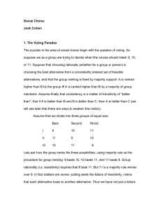 Social Choice Josh Cohen 1. The Voting Paradox