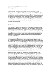 Letter	by	Toussaint	L’Ouverture	to	Laveaux 20	February	1796  In	February	1796,	plantation	workers	in	the	northern	mountains	of	Saint