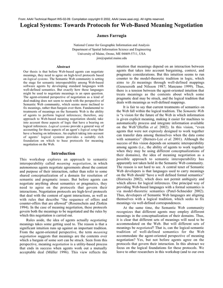 Logical Systems Towards Protocols For Web Based Meaning Negotiation 