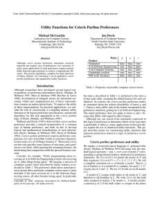 Utility Functions for Ceteris Paribus Preferences Michael McGeachie Jon Doyle