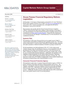 Capital Markets Reform Group Update House Passes Financial Regulatory Reform Legislation