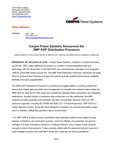 Cooper Power Systems Announces the SMP 4/DP Distribution Processor News Release