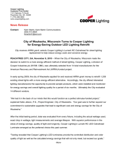 City of Waukesha, Wisconsin Turns to Cooper Lighting News Release