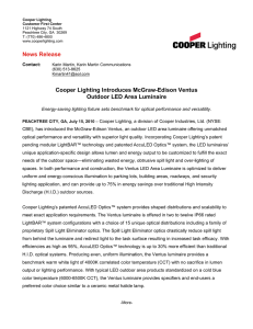Cooper Lighting Introduces McGraw-Edison Ventus Outdoor LED Area Luminaire News Release