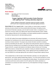 Cooper Lighting’s LED Innovation Center Receives LED Lighting Facts Testing Laboratory Approval