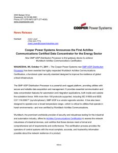 News Release  Cooper Power Systems Announces the First Achilles