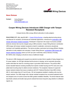 Cooper Wiring Devices Introduces USB Charger with Tamper Resistant Receptacle News Release
