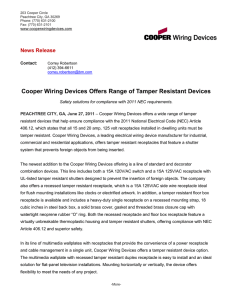Cooper Wiring Devices Offers Range of Tamper Resistant Devices News Release