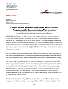 Cooper Power Systems Ships More Than 350,000 Programmable Communicating Thermostats News Release