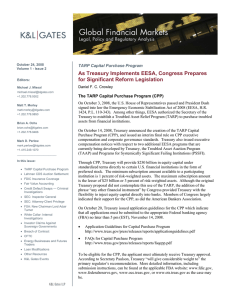 As Treasury Implements EESA, Congress Prepares for Significant Reform Legislation