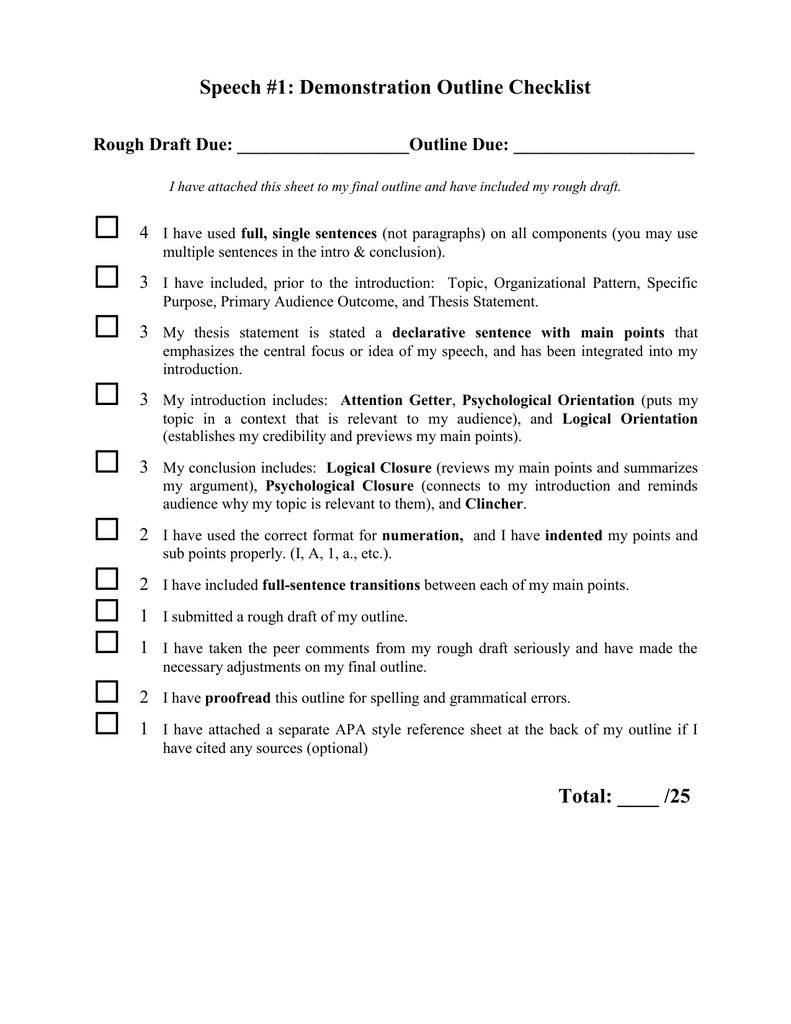 Speech #1: Demonstration Outline Checklist Rough Draft Due