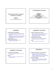 The Regulatory Pyramid Legislation Legislation (continued) Telecommunications consumer
