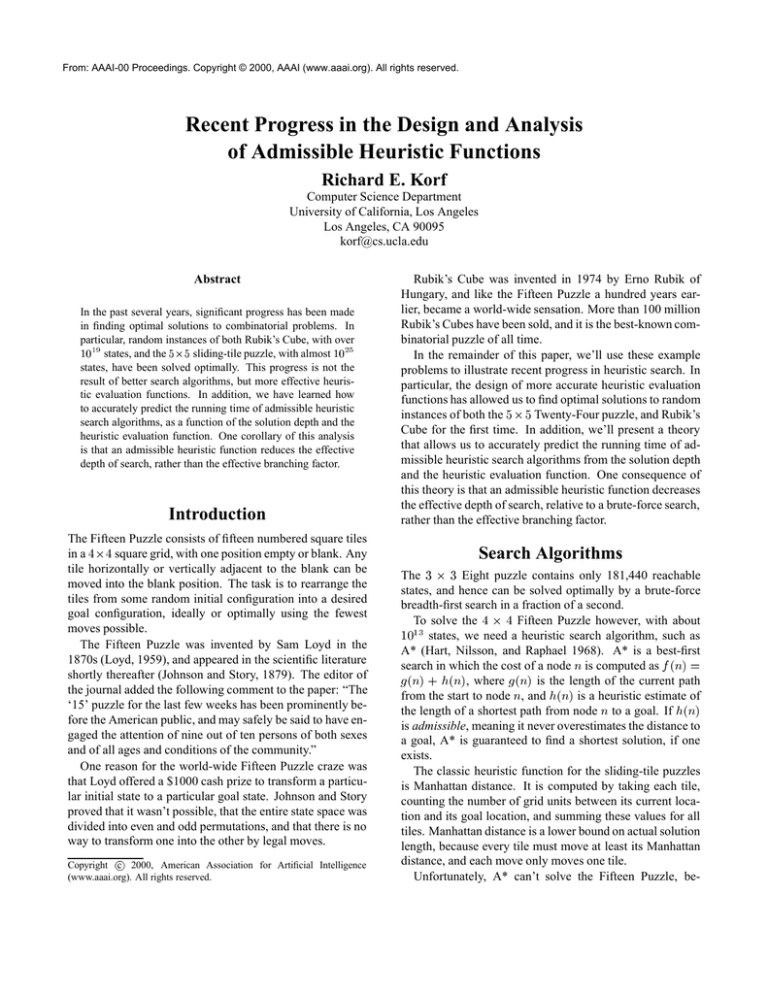 recent-progress-in-the-design-and-analysis-of-admissible-heuristic