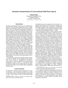 Automatic Summarization of Conversational Multi-Party Speech Michel Galley Introduction