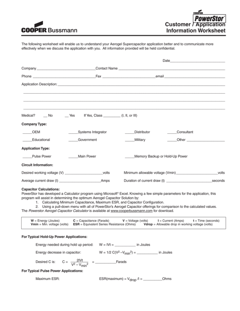 Customer / Application Information Worksheet Customer / Application Information Worksheet
