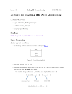 Lecture 10: Hashing III: Open Addressing Lecture Overview