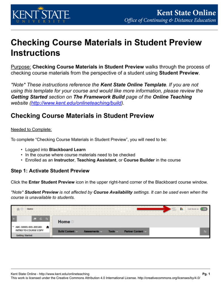 Checking Course Materials in Student Preview Instructions