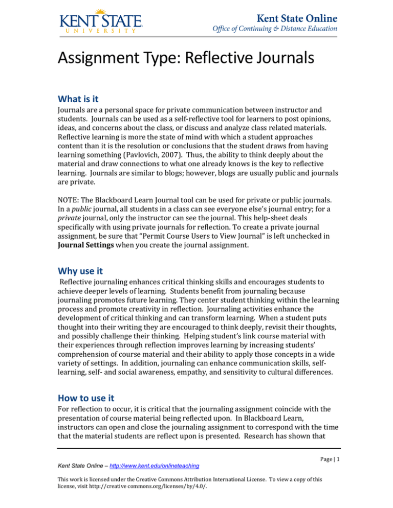 Assignment Type Reflective Journals What Is It