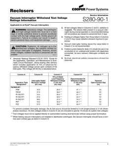 S280-90-1 Reclosers Vacuum Interrupter Withstand Test Voltage Ratings Information