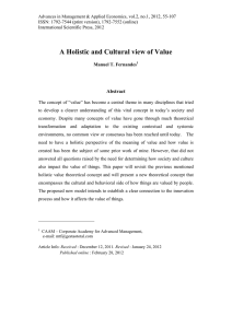 A Holistic and Cultural view of Value Abstract