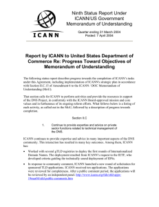 Ninth Status Report Under ICANN/US Government Memorandum of Understanding