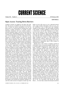 CURRENT SCIENCE Open Access: Tearing Down Barriers EDITORIAL