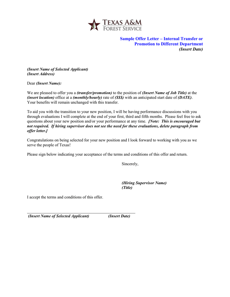 Sample Offer Letter - Internal Transfer or Promotion to ...